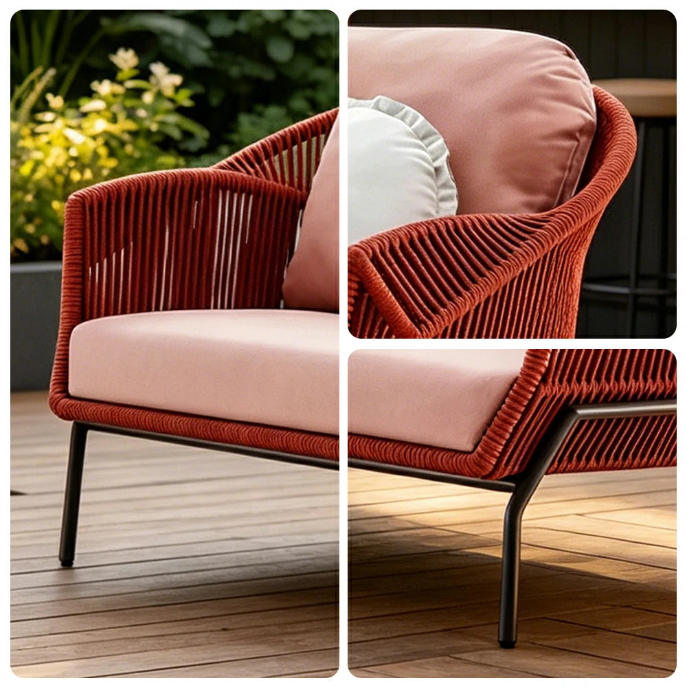 SOLARA Outdoor Three Seater Sofa with Olefin Rope Weaving - 200cm Patio Balcony Garden Lounge Seat - Red Pink