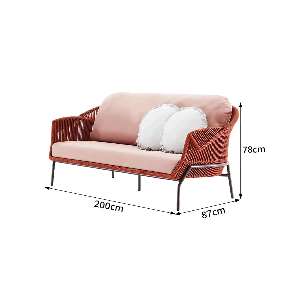 SOLARA Outdoor Three Seater Sofa with Olefin Rope Weaving - 200cm Patio Balcony Garden Lounge Seat - Red Pink