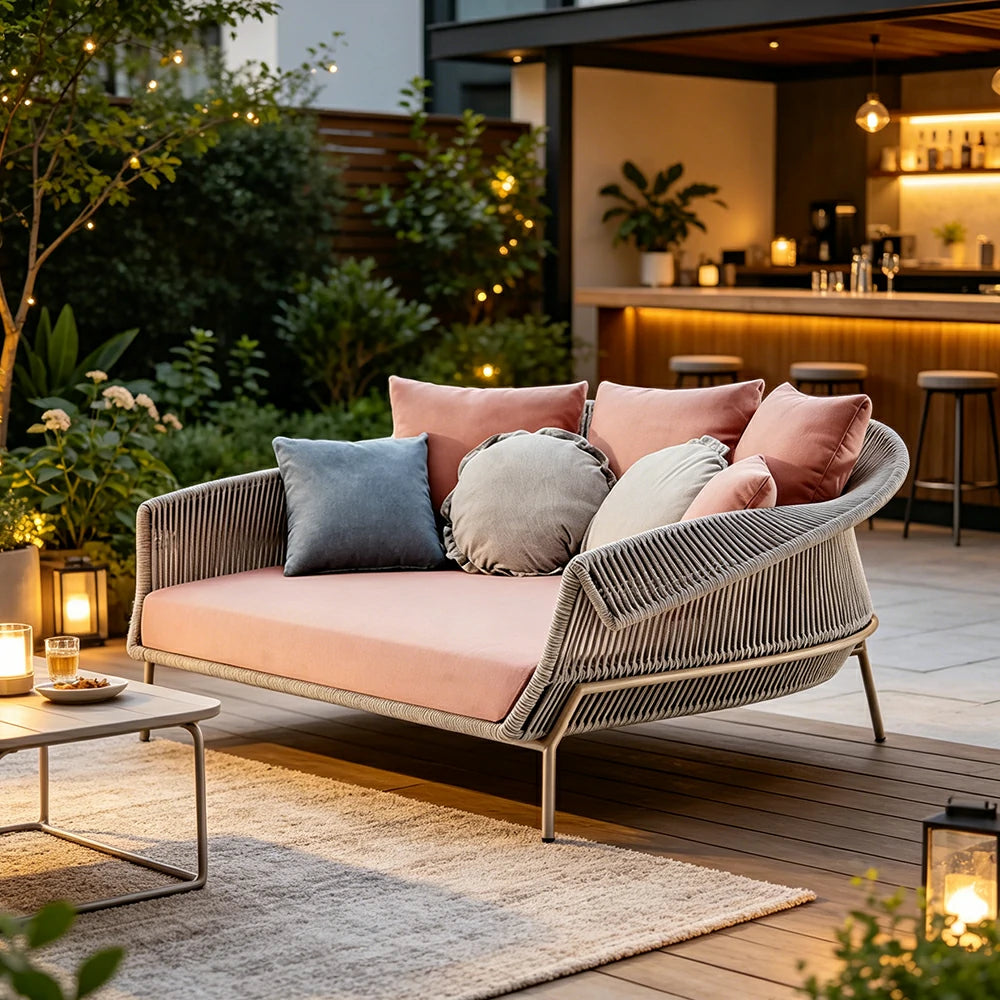 SOLARA Outdoor Daybed Sofa with Olefin Rope Weaving - 190cm Patio Balcony Garden Lounge Bed - Beige Pink