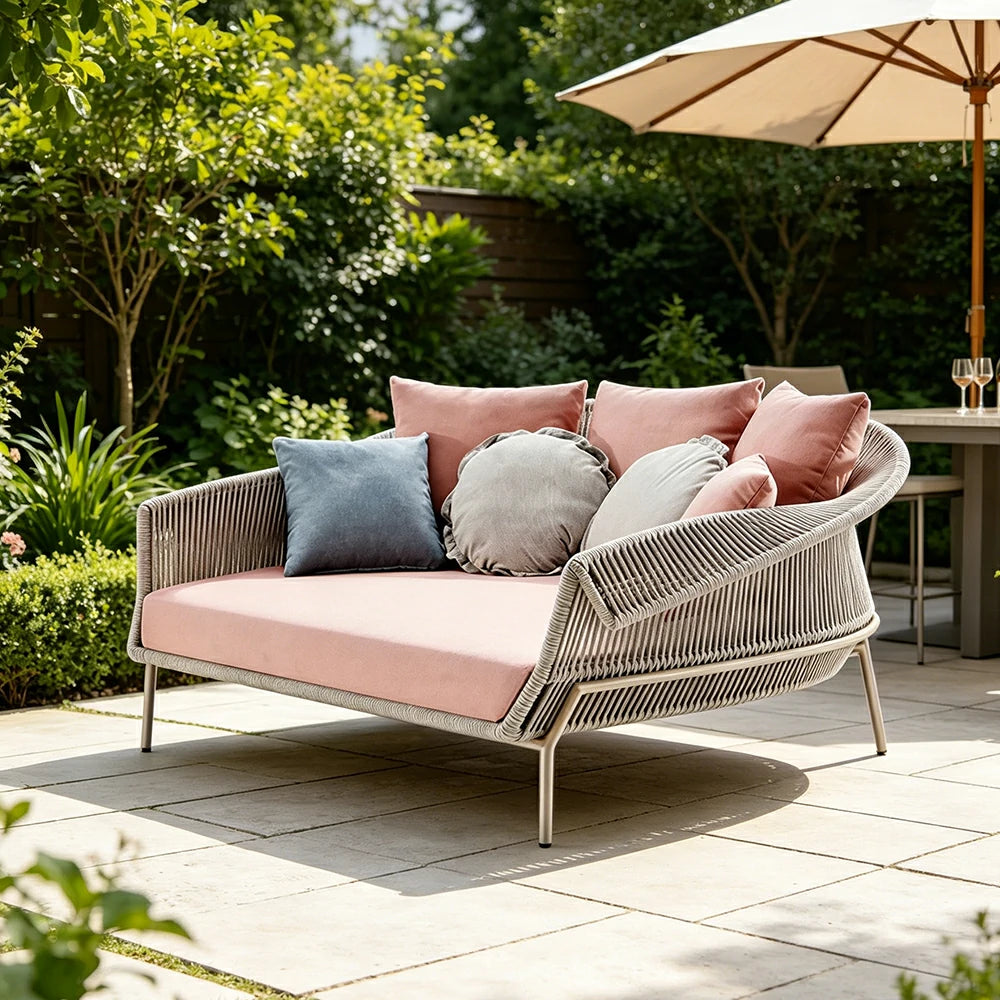 SOLARA Outdoor Daybed Sofa with Olefin Rope Weaving - 190cm Patio Balcony Garden Lounge Bed - Beige Pink
