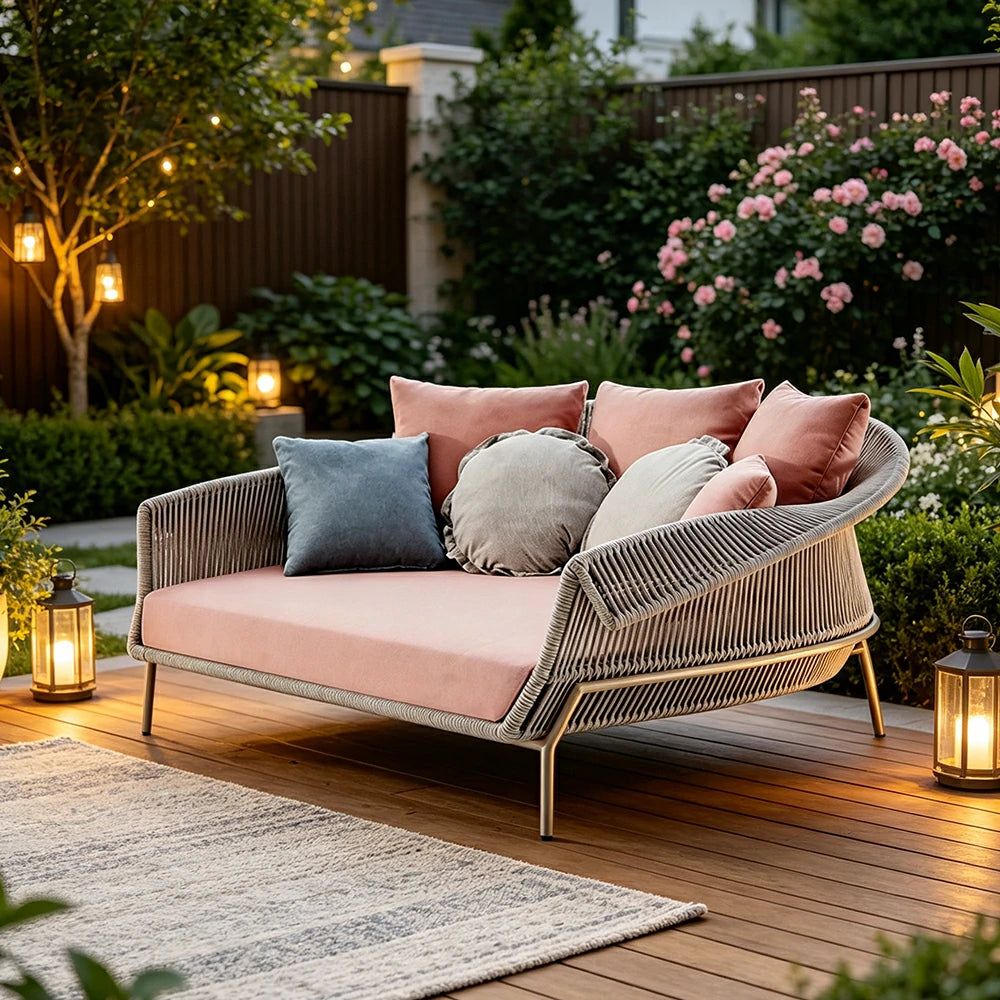 SOLARA Outdoor Daybed Sofa with Olefin Rope Weaving - 190cm Patio Balcony Garden Lounge Bed - Beige Pink