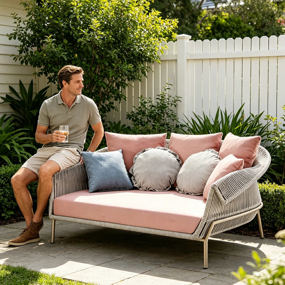 SOLARA Outdoor Daybed Sofa with Olefin Rope Weaving - 190cm Patio Balcony Garden Lounge Bed - Beige Pink