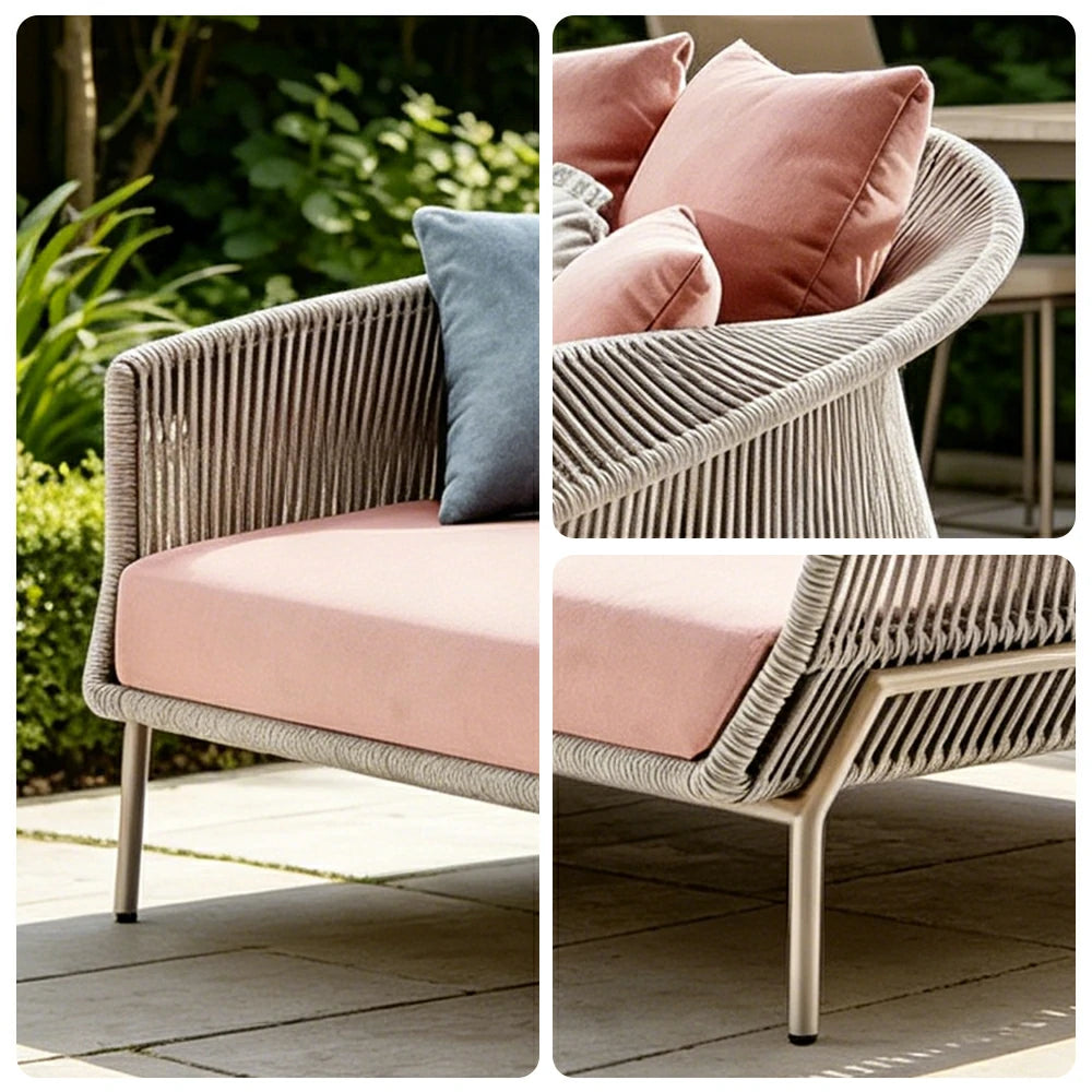 SOLARA Outdoor Daybed Sofa with Olefin Rope Weaving - 190cm Patio Balcony Garden Lounge Bed - Beige Pink