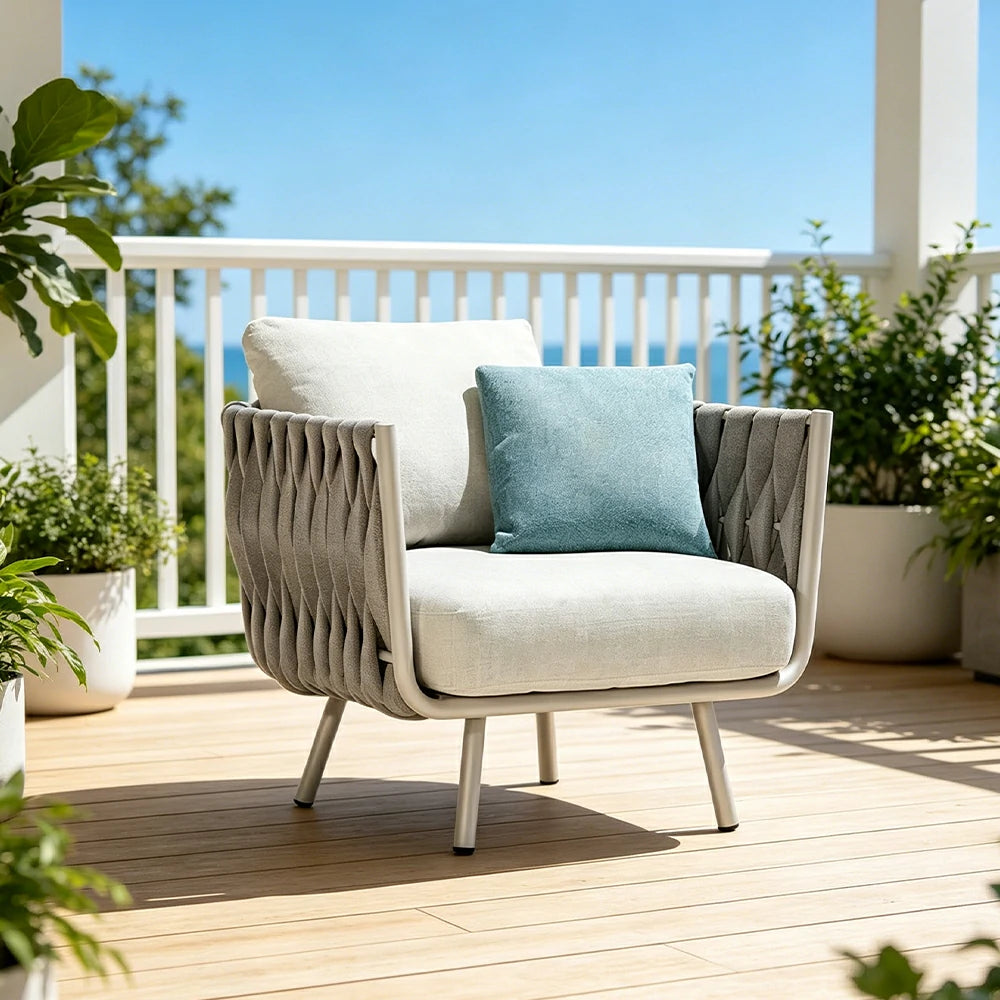 SOLARA Outdoor Single Sofa with Waterproof Fabric - 75cm Patio Balcony Garden Lounge Chair - Beige Blue