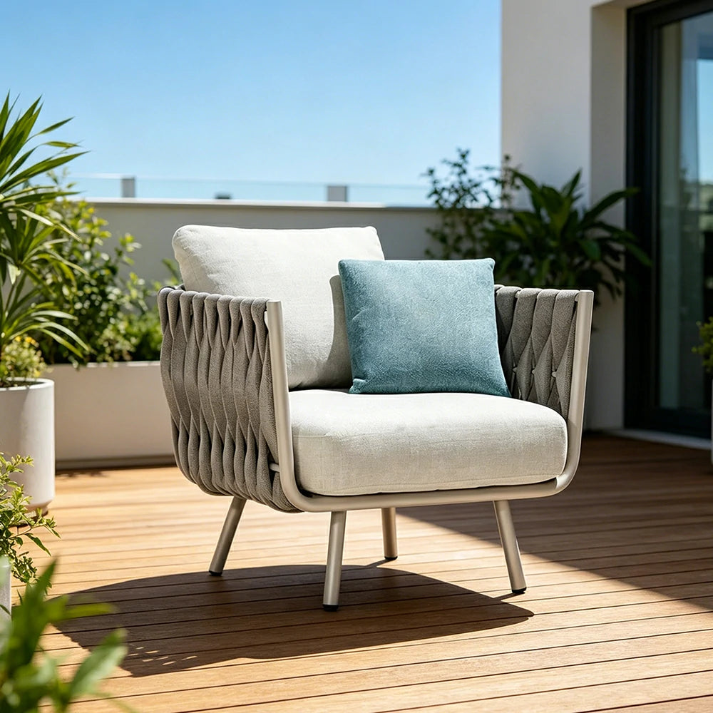 SOLARA Outdoor Single Sofa with Waterproof Fabric - 75cm Patio Balcony Garden Lounge Chair - Beige Blue