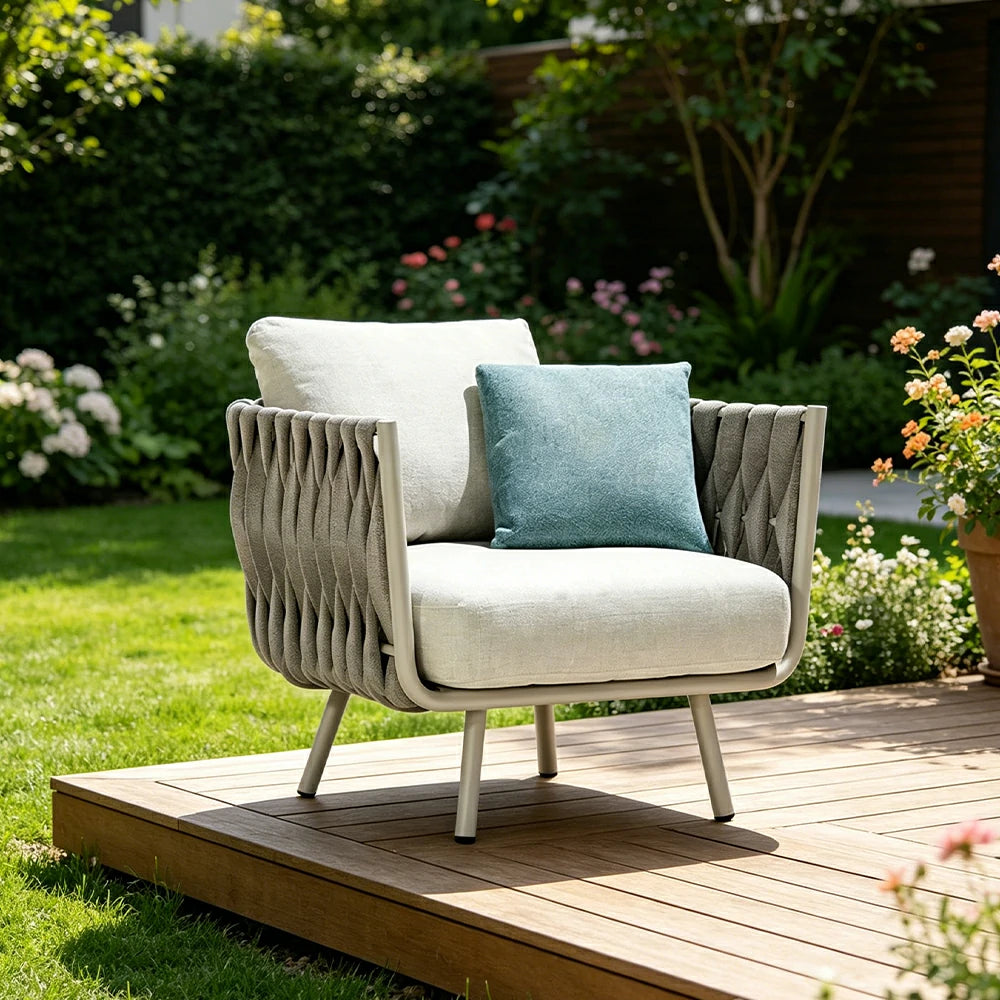 SOLARA Outdoor Single Sofa with Waterproof Fabric - 75cm Patio Balcony Garden Lounge Chair - Beige Blue