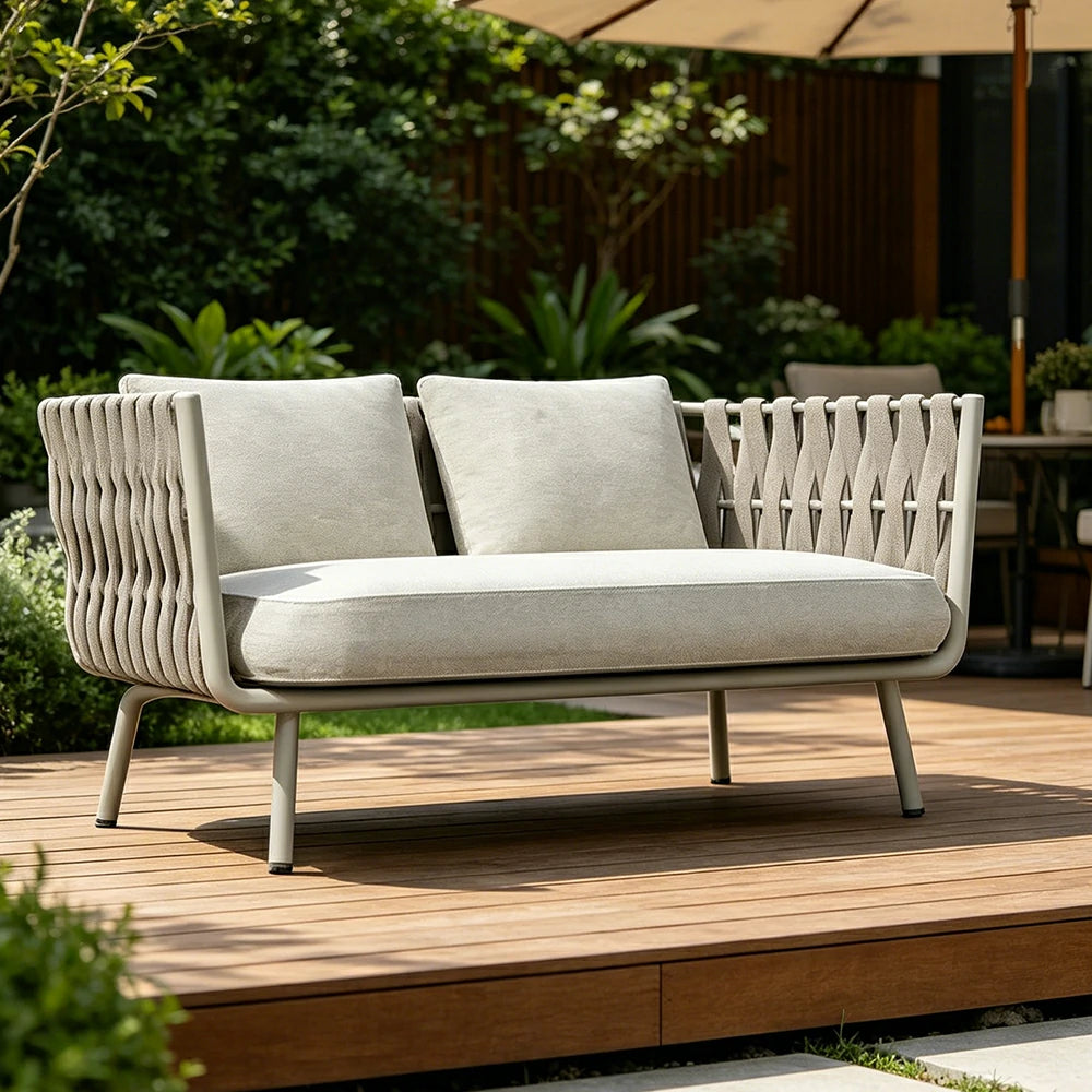 SOLARA Outdoor Two Seater Sofa with Waterproof Fabric - 150cm Patio Balcony Garden Lounge Seat - Beige
