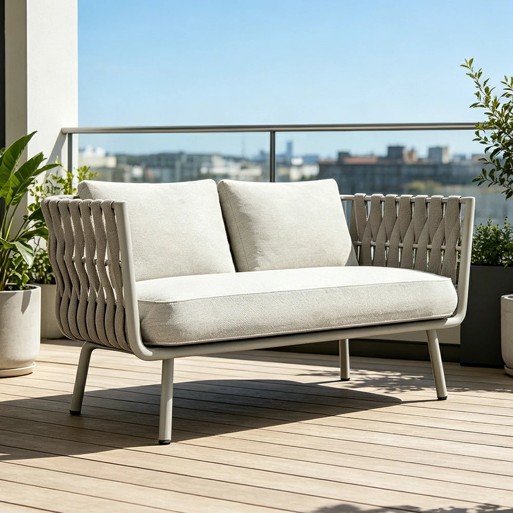 SOLARA Outdoor Two Seater Sofa with Waterproof Fabric - 150cm Patio Balcony Garden Lounge Seat - Beige