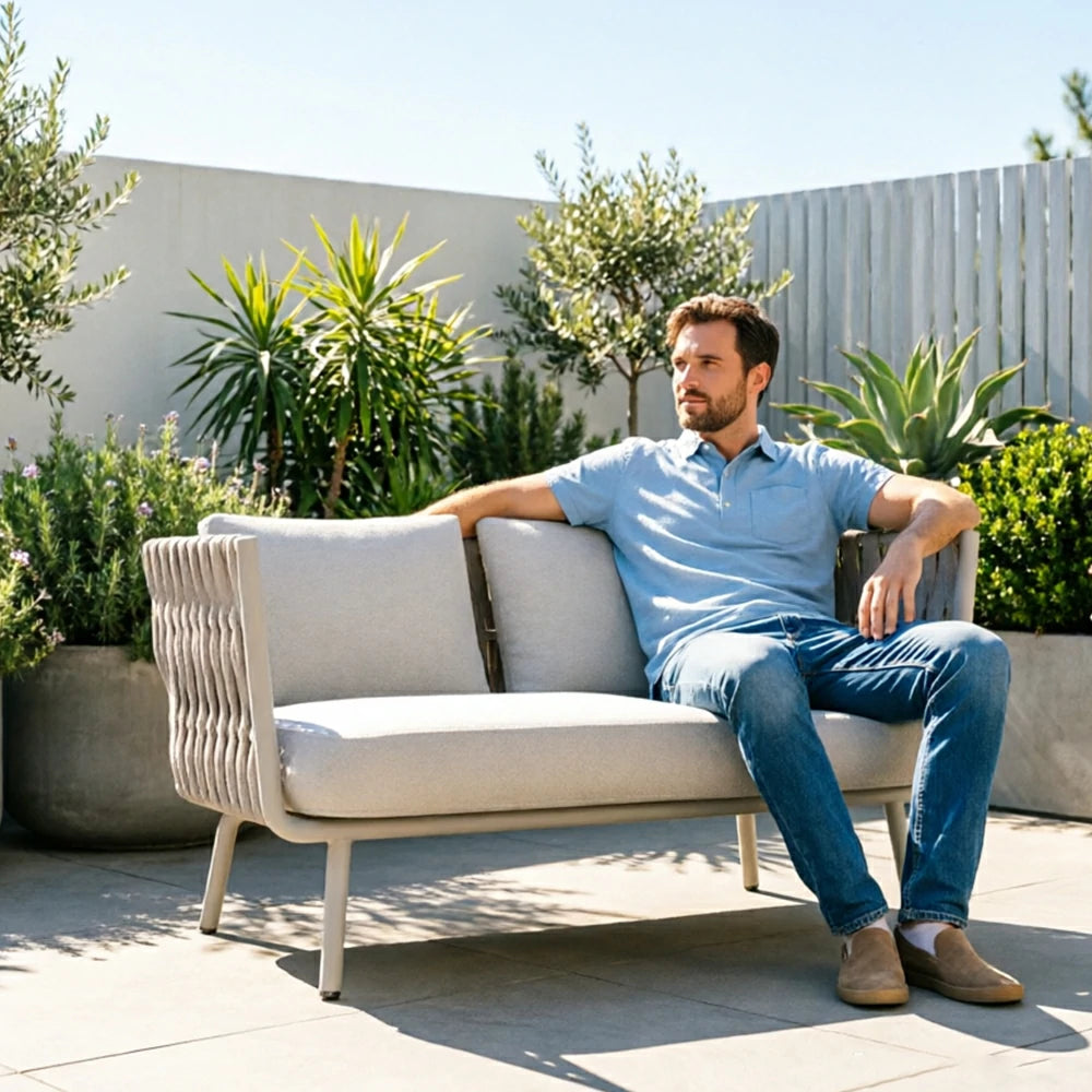 SOLARA Outdoor Two Seater Sofa with Waterproof Fabric - 150cm Patio Balcony Garden Lounge Seat - Beige