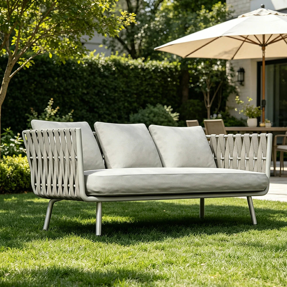 SOLARA Outdoor Three Seater Sofa with Waterproof Fabric - 185cm Patio Balcony Garden Lounge Seat - Beige