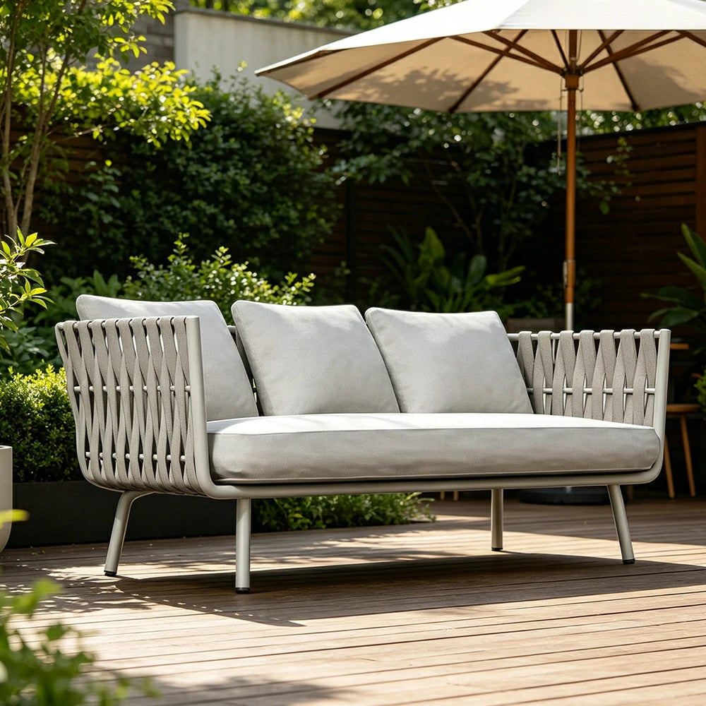 SOLARA Outdoor Three Seater Sofa with Waterproof Fabric - 185cm Patio Balcony Garden Lounge Seat - Beige