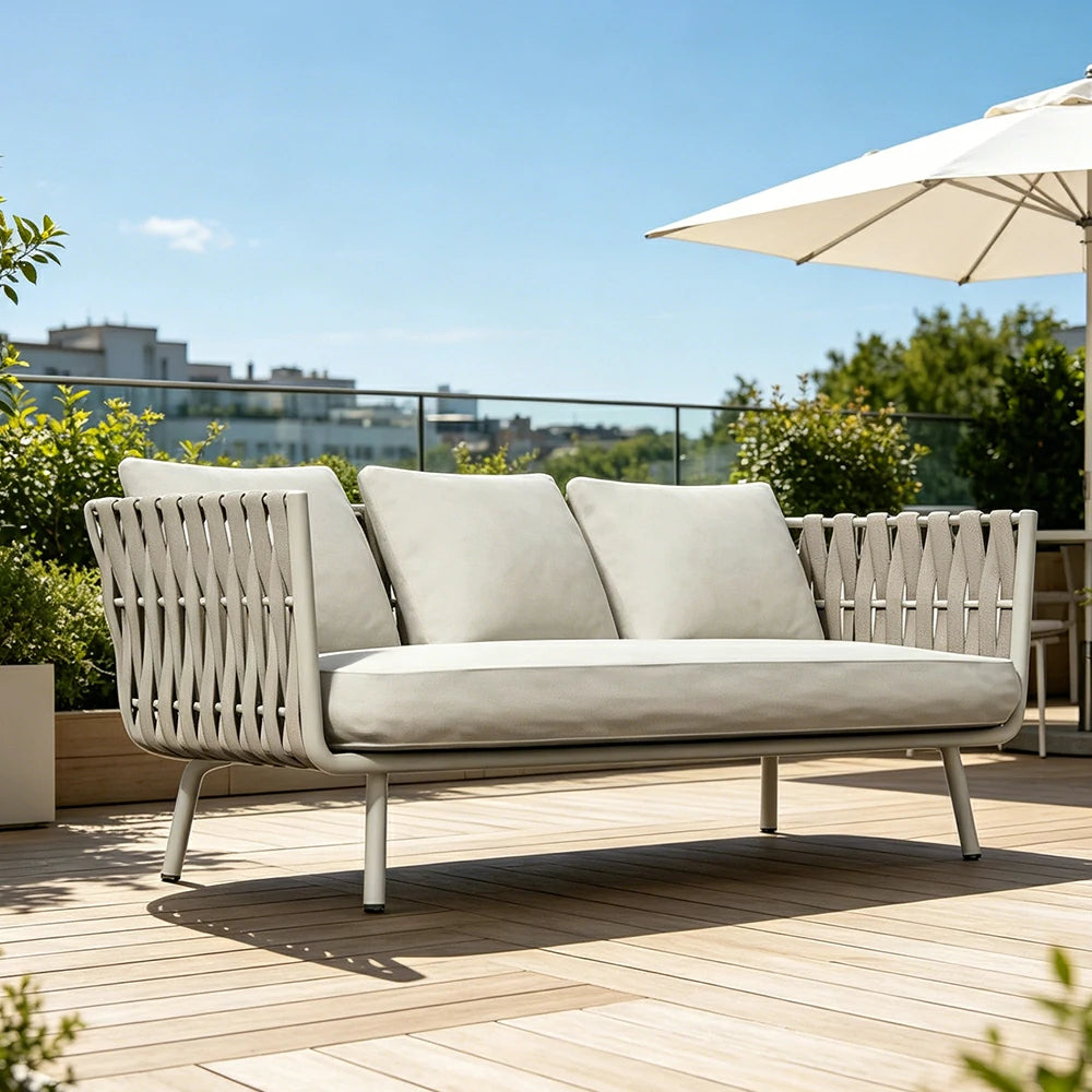 SOLARA Outdoor Three Seater Sofa with Waterproof Fabric - 185cm Patio Balcony Garden Lounge Seat - Beige