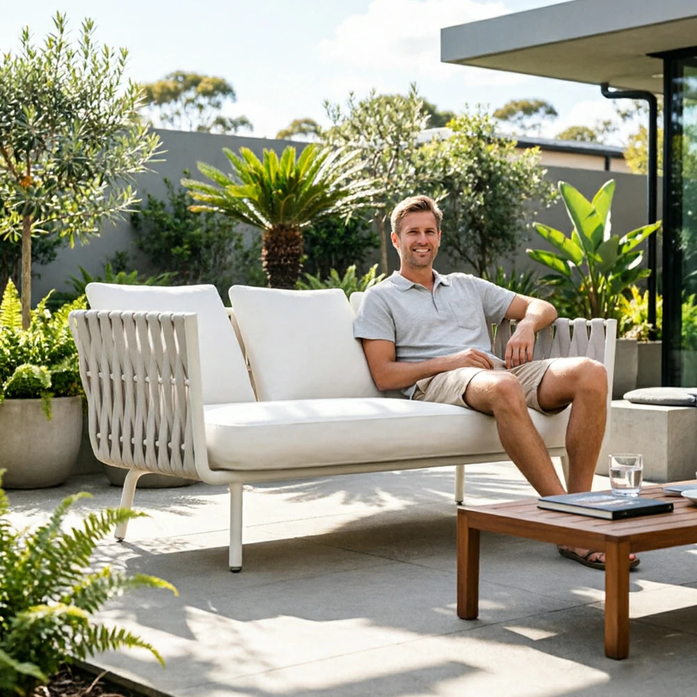 SOLARA Outdoor Three Seater Sofa with Waterproof Fabric - 185cm Patio Balcony Garden Lounge Seat - Beige