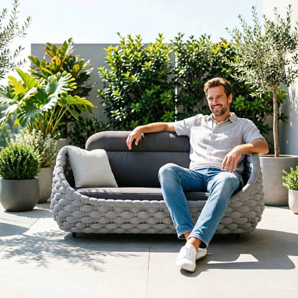 SOLARA Outdoor Two Seater Sofa with Senisa Fabric - 140cm Aluminium Frame Patio Garden Lounge Seat - Grey