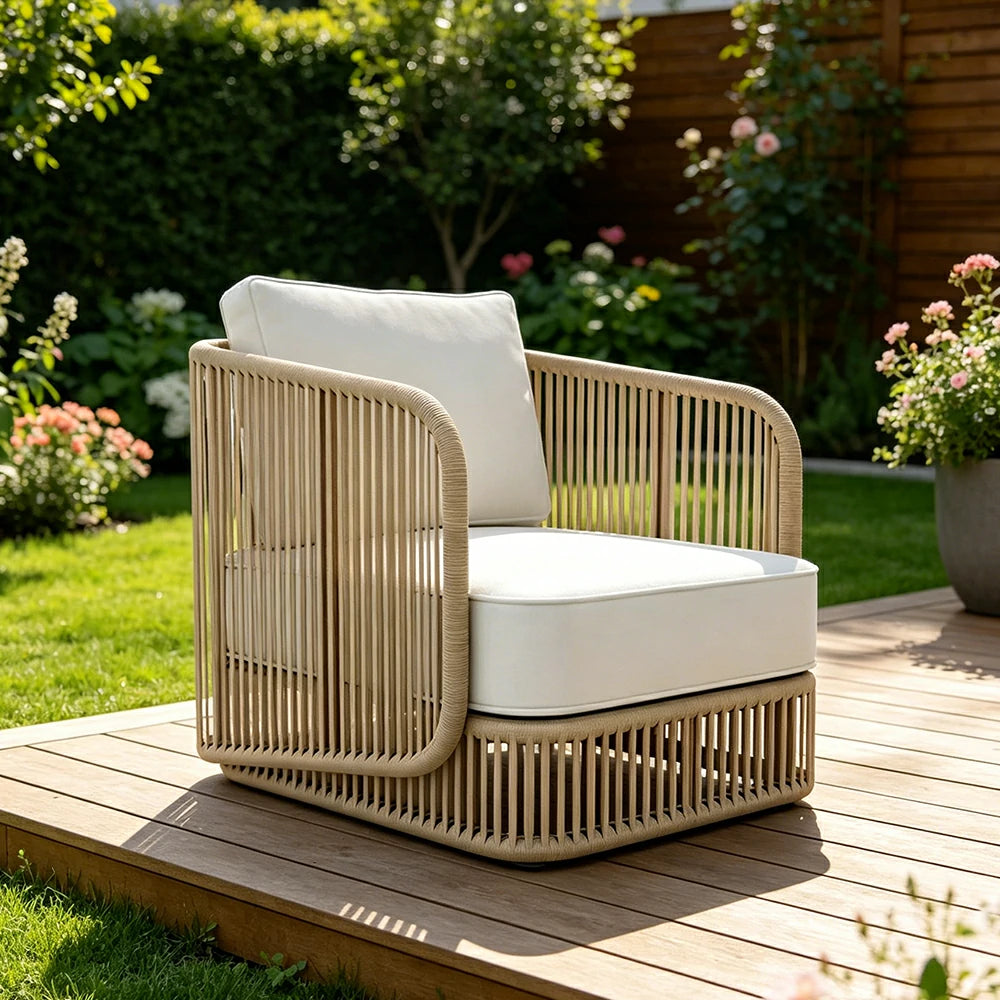 SOLARA Outdoor Single Sofa with Rope Weaving - 75cm Aluminium Frame Patio Balcony Garden Lounge Chair - Beige