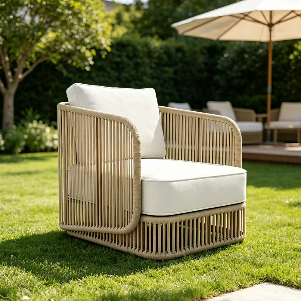 SOLARA Outdoor Single Sofa with Rope Weaving - 75cm Aluminium Frame Patio Balcony Garden Lounge Chair - Beige