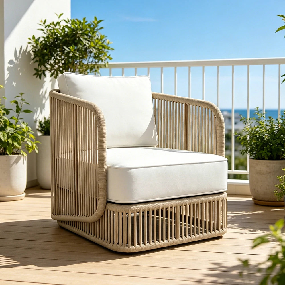SOLARA Outdoor Single Sofa with Rope Weaving - 75cm Aluminium Frame Patio Balcony Garden Lounge Chair - Beige
