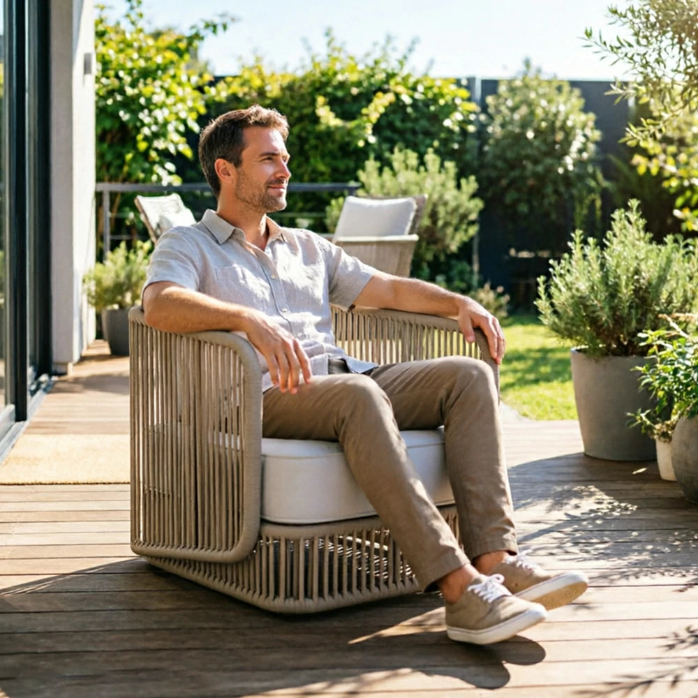 SOLARA Outdoor Single Sofa with Rope Weaving - 75cm Aluminium Frame Patio Balcony Garden Lounge Chair - Beige