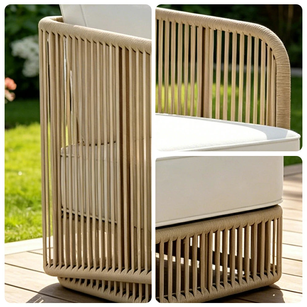 SOLARA Outdoor Single Sofa with Rope Weaving - 75cm Aluminium Frame Patio Balcony Garden Lounge Chair - Beige