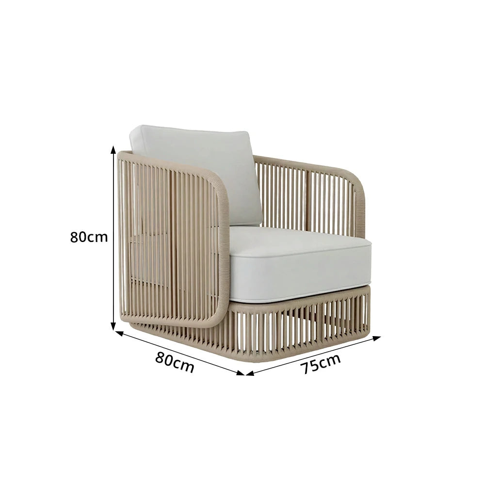 SOLARA Outdoor Single Sofa with Rope Weaving - 75cm Aluminium Frame Patio Balcony Garden Lounge Chair - Beige