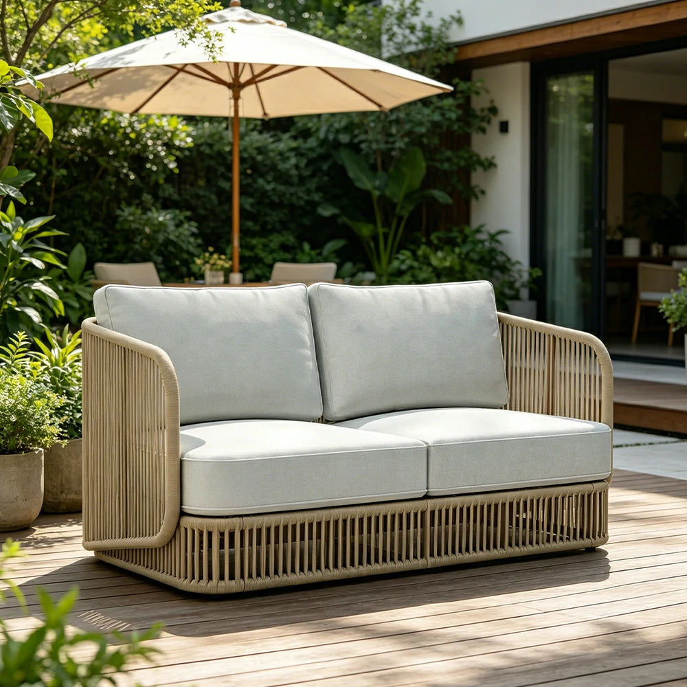 SOLARA Outdoor Two Seater Sofa with Rope Weaving - 150cm Aluminium Frame Patio Balcony Garden Lounge Seat - Beige