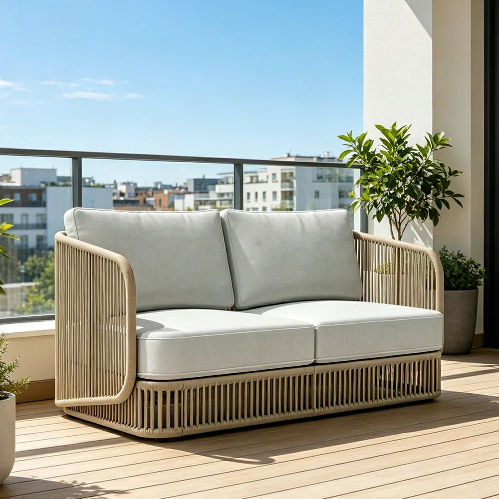 SOLARA Outdoor Two Seater Sofa with Rope Weaving - 150cm Aluminium Frame Patio Balcony Garden Lounge Seat - Beige