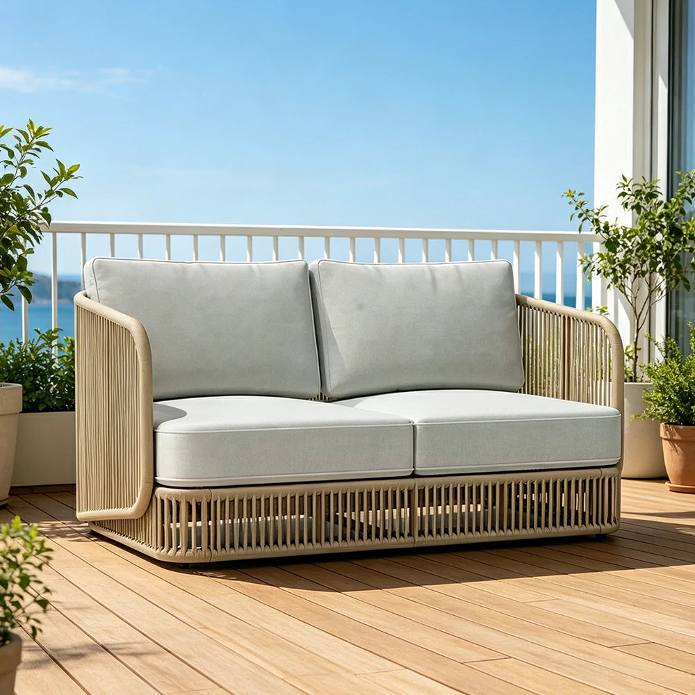 SOLARA Outdoor Two Seater Sofa with Rope Weaving - 150cm Aluminium Frame Patio Balcony Garden Lounge Seat - Beige