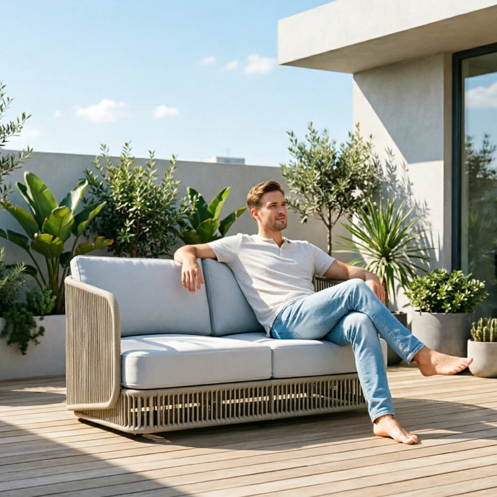 SOLARA Outdoor Two Seater Sofa with Rope Weaving - 150cm Aluminium Frame Patio Balcony Garden Lounge Seat - Beige