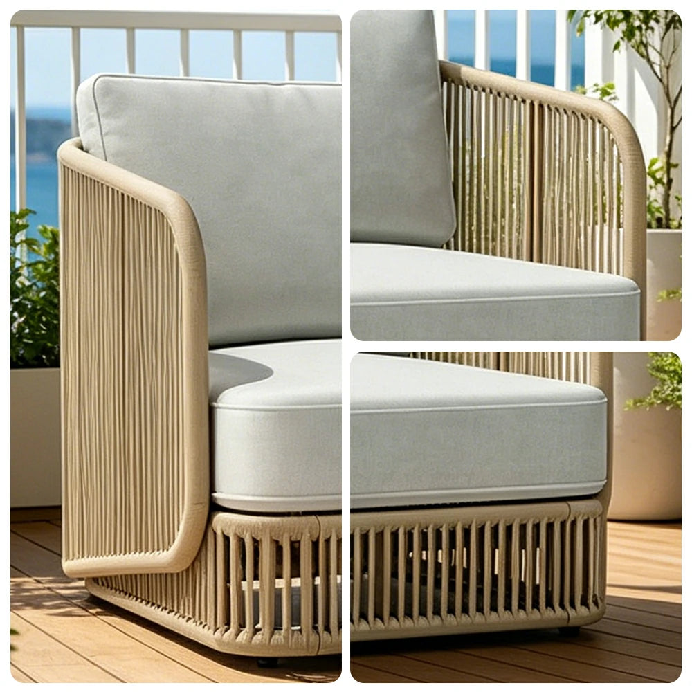 SOLARA Outdoor Two Seater Sofa with Rope Weaving - 150cm Aluminium Frame Patio Balcony Garden Lounge Seat - Beige