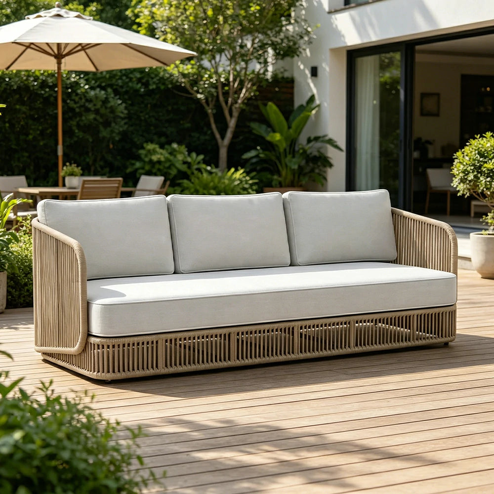 SOLARA Outdoor Three Seater Sofa with Rope Weaving - 200cm Aluminium Frame Patio Balcony Garden Lounge Seat - Beige