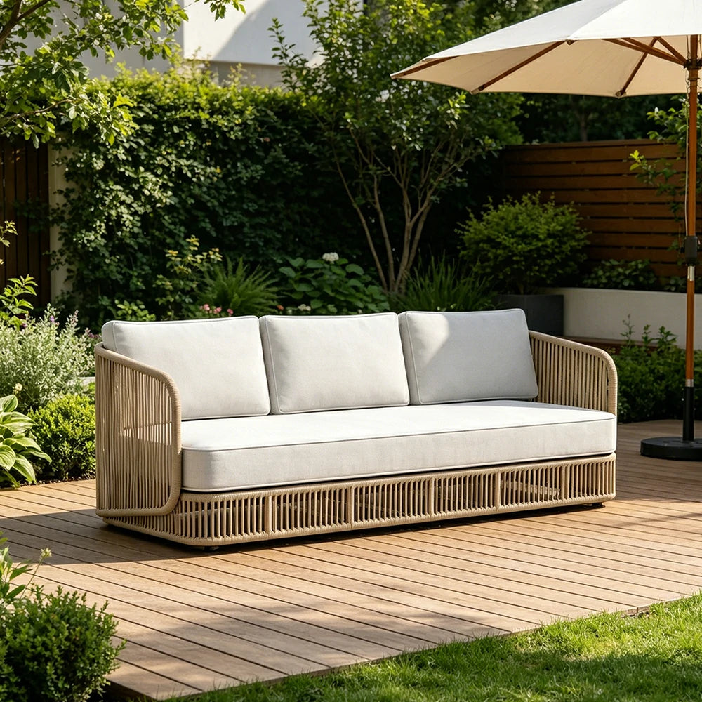 SOLARA Outdoor Three Seater Sofa with Rope Weaving - 200cm Aluminium Frame Patio Balcony Garden Lounge Seat - Beige