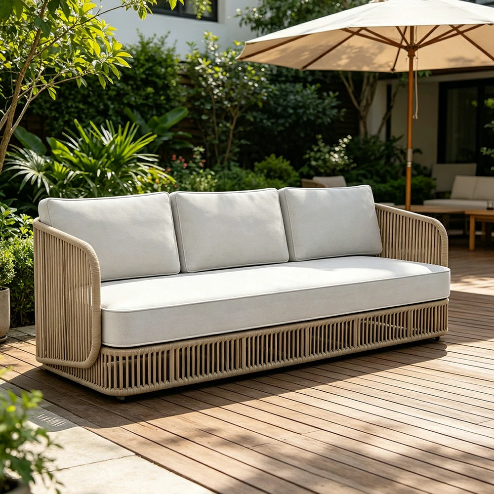 SOLARA Outdoor Three Seater Sofa with Rope Weaving - 200cm Aluminium Frame Patio Balcony Garden Lounge Seat - Beige