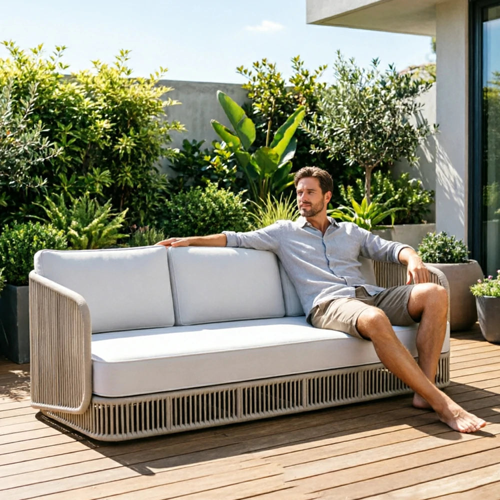 SOLARA Outdoor Three Seater Sofa with Rope Weaving - 200cm Aluminium Frame Patio Balcony Garden Lounge Seat - Beige