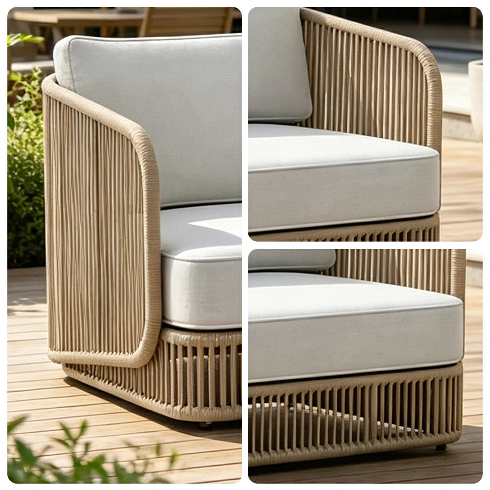 SOLARA Outdoor Three Seater Sofa with Rope Weaving - 200cm Aluminium Frame Patio Balcony Garden Lounge Seat - Beige