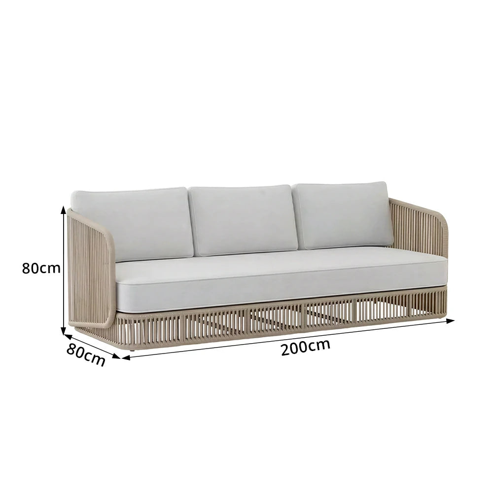 SOLARA Outdoor Three Seater Sofa with Rope Weaving - 200cm Aluminium Frame Patio Balcony Garden Lounge Seat - Beige