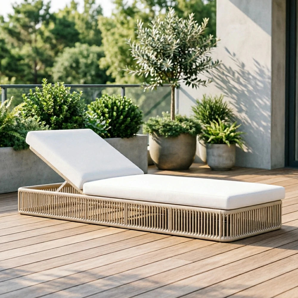 SOLARA Outdoor Sofa Daybed with Rope Weaving - 200cm Aluminium Frame Patio Balcony Garden Lounge Bed - Beige