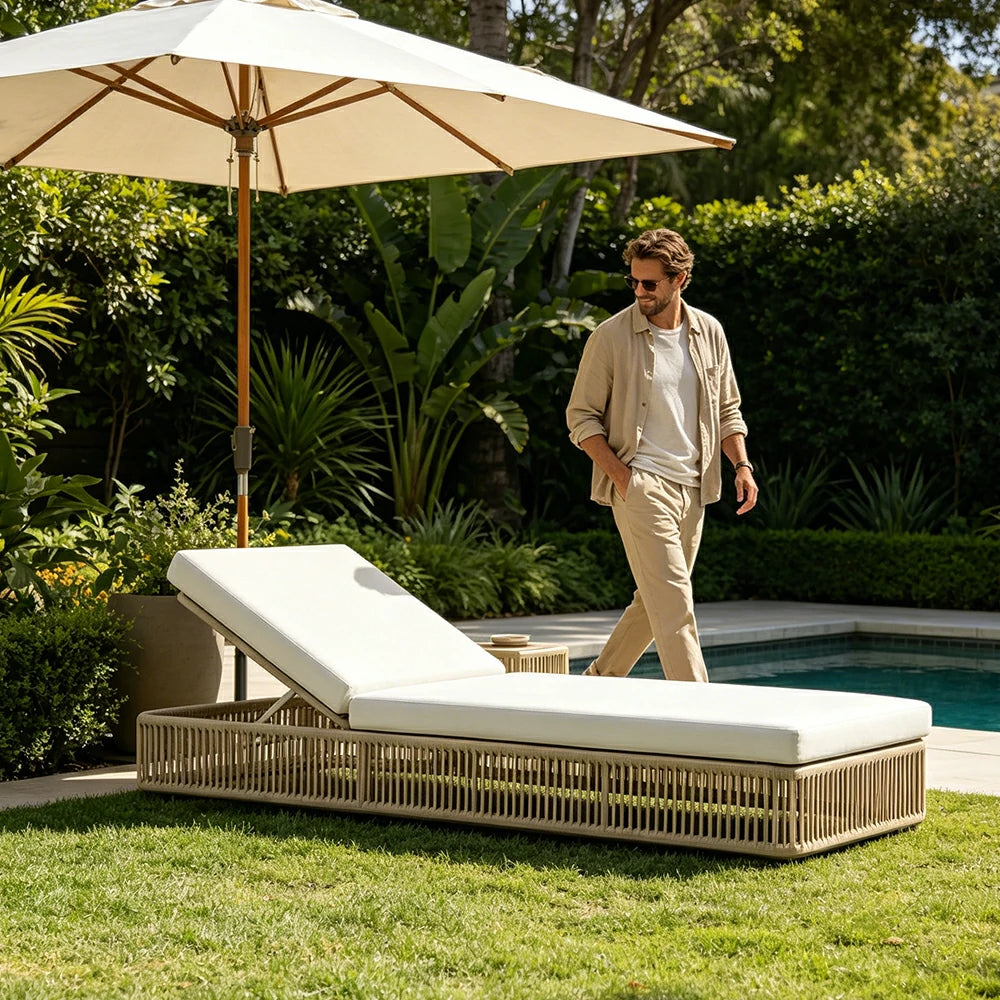 SOLARA Outdoor Sofa Daybed with Rope Weaving - 200cm Aluminium Frame Patio Balcony Garden Lounge Bed - Beige