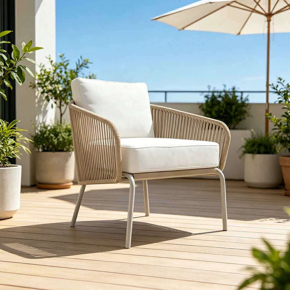SOLARA Outdoor Single Sofa Chair with Rope Weaving - 85cm Aluminium Frame Patio Balcony Garden Lounge Chair - Beige