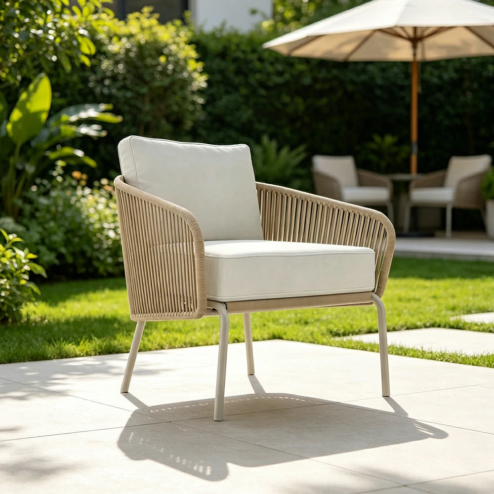 SOLARA Outdoor Single Sofa Chair with Rope Weaving - 85cm Aluminium Frame Patio Balcony Garden Lounge Chair - Beige