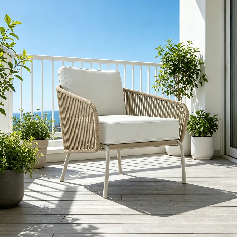 SOLARA Outdoor Single Sofa Chair with Rope Weaving - 85cm Aluminium Frame Patio Balcony Garden Lounge Chair - Beige