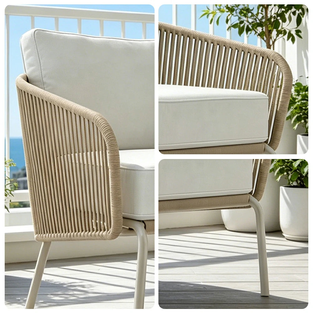 SOLARA Outdoor Single Sofa Chair with Rope Weaving - 85cm Aluminium Frame Patio Balcony Garden Lounge Chair - Beige