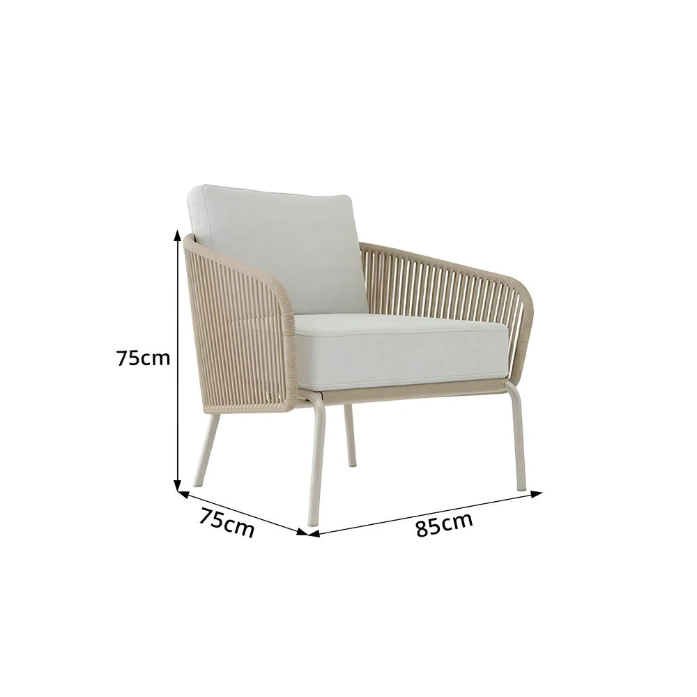 SOLARA Outdoor Single Sofa Chair with Rope Weaving - 85cm Aluminium Frame Patio Balcony Garden Lounge Chair - Beige