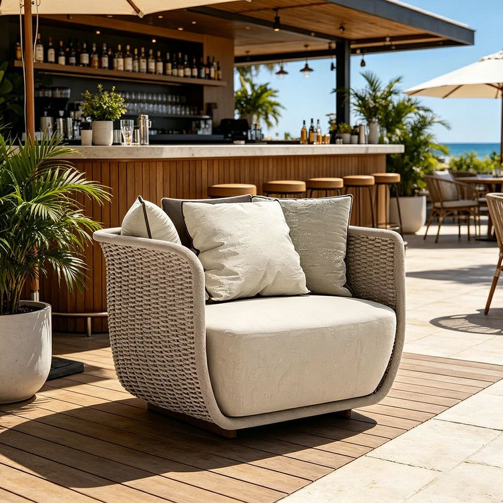 SOLARA Outdoor Single Sofa Chair with Woven Rattan Design - 95cm Patio Balcony Garden Lounge Chair - Natural