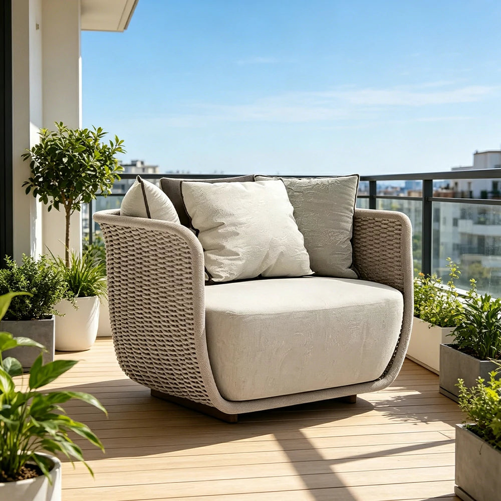 SOLARA Outdoor Single Sofa Chair with Woven Rattan Design - 95cm Patio Balcony Garden Lounge Chair - Natural