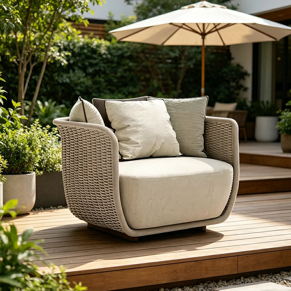 SOLARA Outdoor Single Sofa Chair with Woven Rattan Design - 95cm Patio Balcony Garden Lounge Chair - Natural