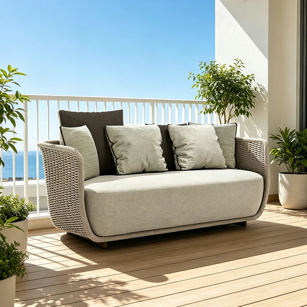 SOLARA Outdoor Two Seater Sofa with Woven Rattan Design - 140cm Patio Balcony Garden Lounge Seat - Natural