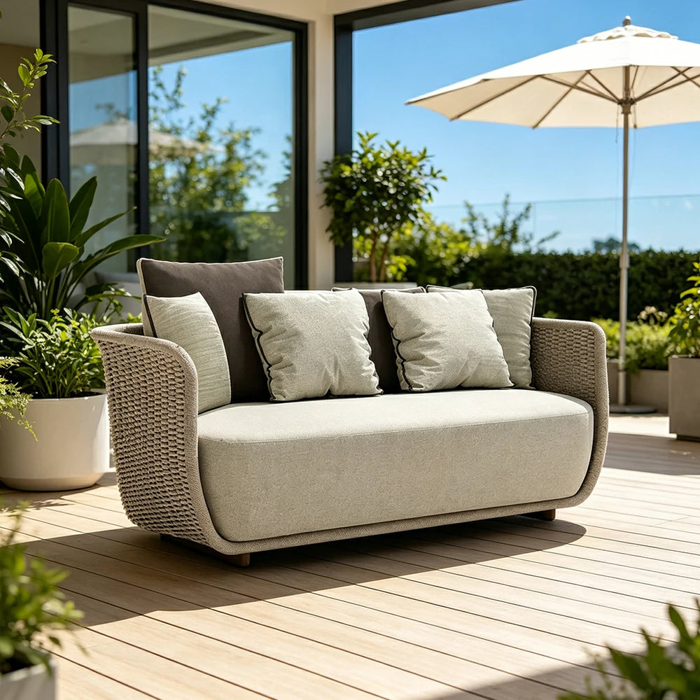 SOLARA Outdoor Two Seater Sofa with Woven Rattan Design - 140cm Patio Balcony Garden Lounge Seat - Natural