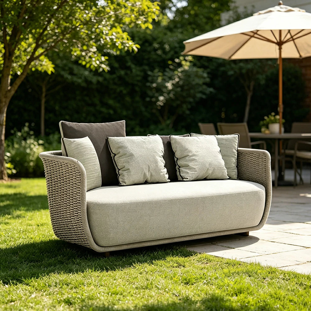 SOLARA Outdoor Two Seater Sofa with Woven Rattan Design - 140cm Patio Balcony Garden Lounge Seat - Natural
