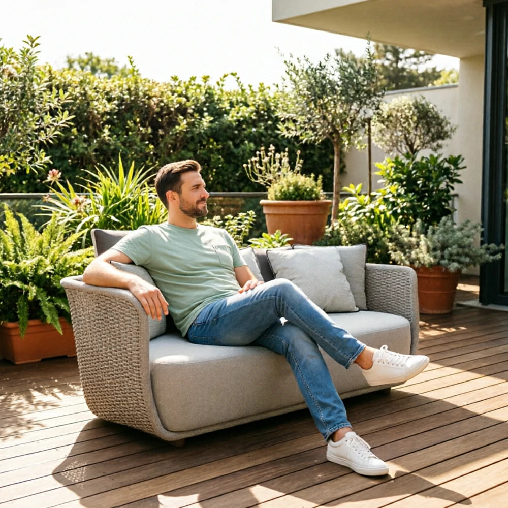 SOLARA Outdoor Two Seater Sofa with Woven Rattan Design - 140cm Patio Balcony Garden Lounge Seat - Natural