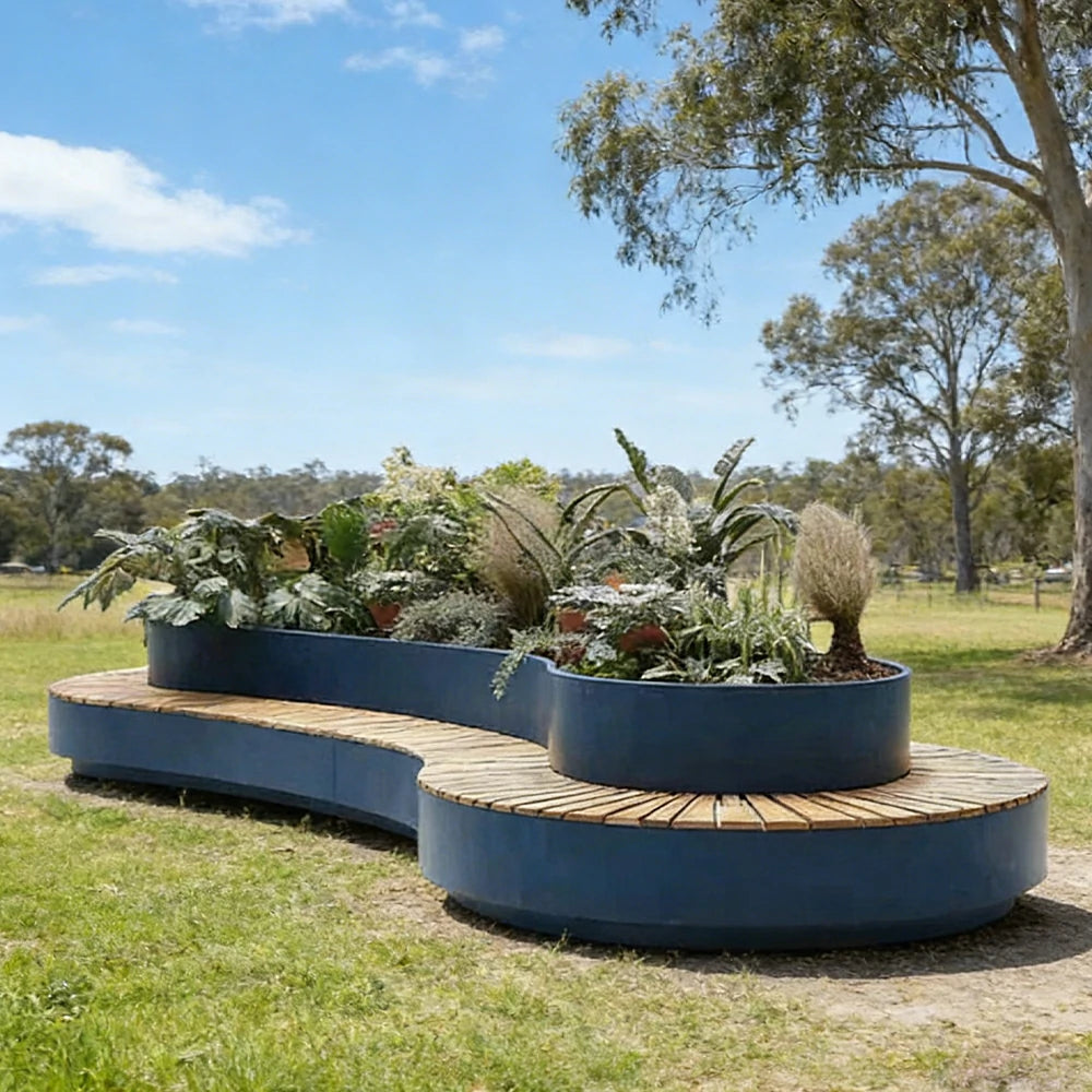 SOLARA 200/220/240cm Integrated Planter Bench Thick Metal Frame with Curved Design for Commercial Street Park Cafe